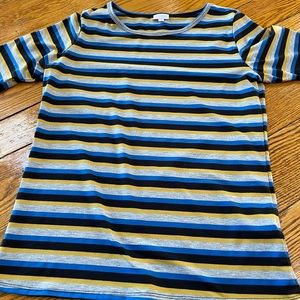 LulaRoe Gigi style top.  Gray, blue mustard black stripes.  Size XL.